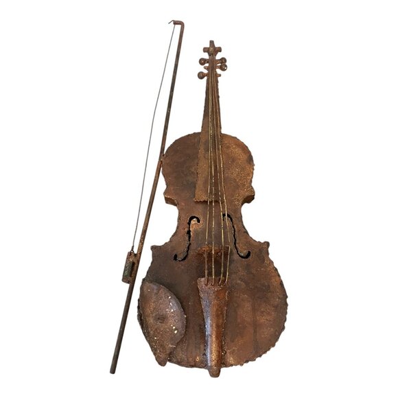 Rustic Vtg Violin Wall Art 21.5" Tall Bow Distressed Metal Design Musical Studio - Picture 8 of 9
